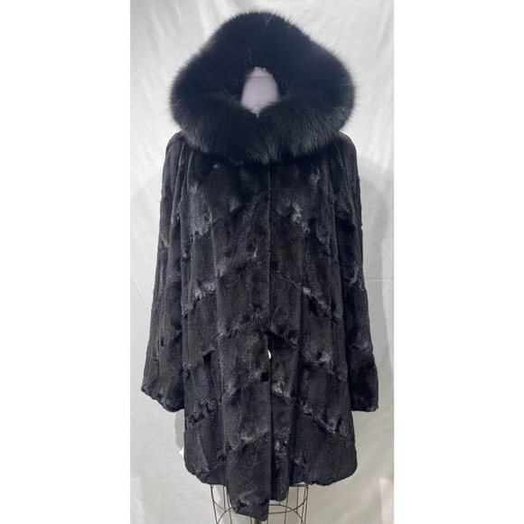 sheared mink paws 7/8 coat black fox hood trim (374)